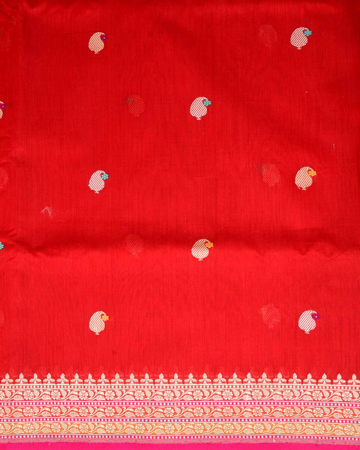 Red Gold & Silver Zari & Resham Kairy Buti Kadhuan Brocade Handwoven Cotton Silk Banarasi Saree