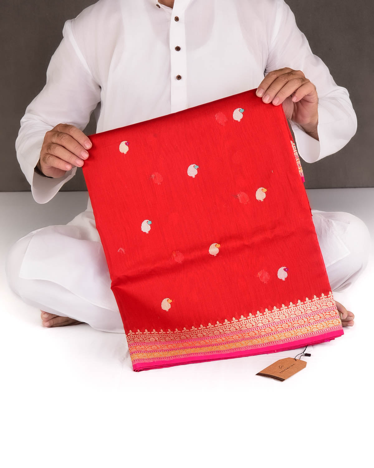 Red Gold & Silver Zari & Resham Kairy Buti Kadhuan Brocade Handwoven Cotton Silk Banarasi Saree
