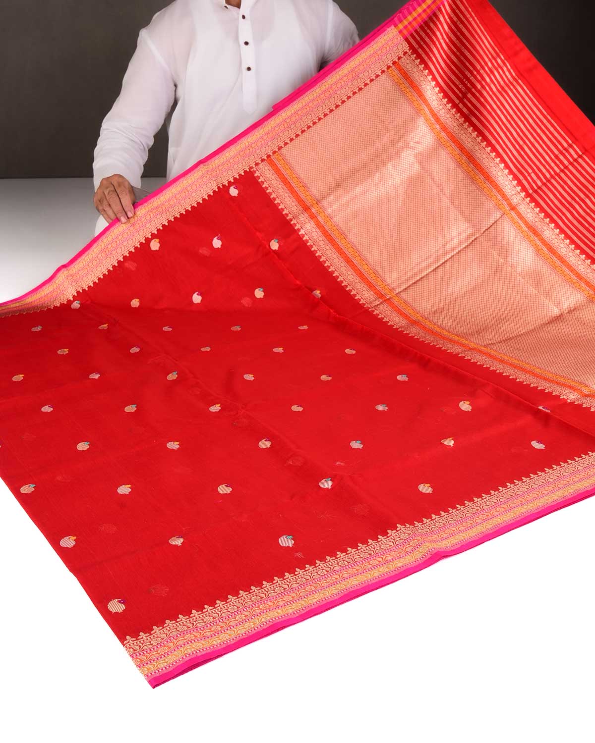 Red Gold & Silver Zari & Resham Kairy Buti Kadhuan Brocade Handwoven Cotton Silk Banarasi Saree