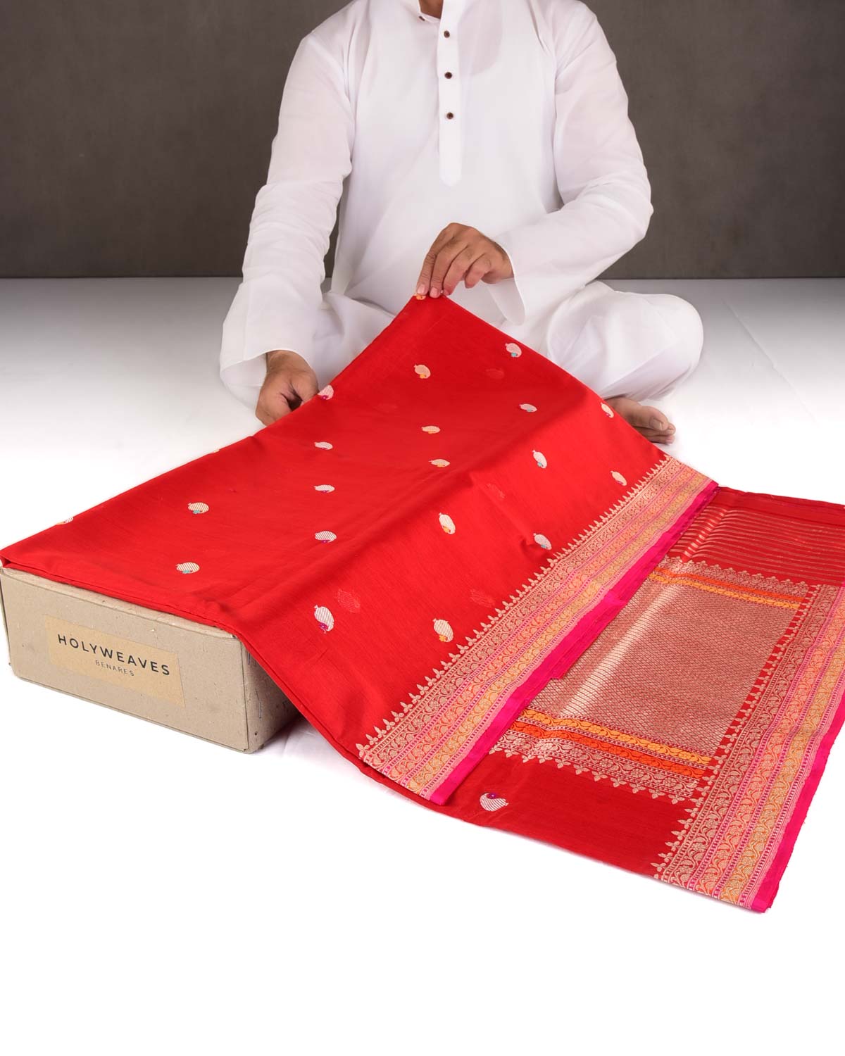 Red Gold & Silver Zari & Resham Kairy Buti Kadhuan Brocade Handwoven Cotton Silk Banarasi Saree