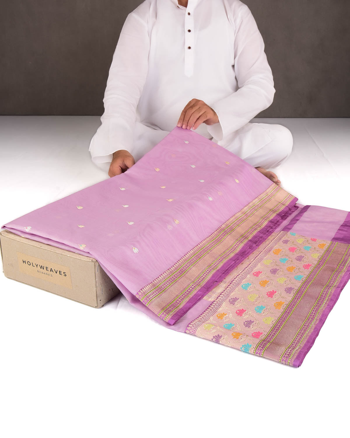 Mauve Gold & Silver Zari & Resham Kamal Buti Kadhuan Brocade Handwoven Kora Silk Banarasi Saree with Meenekari Border Pallu