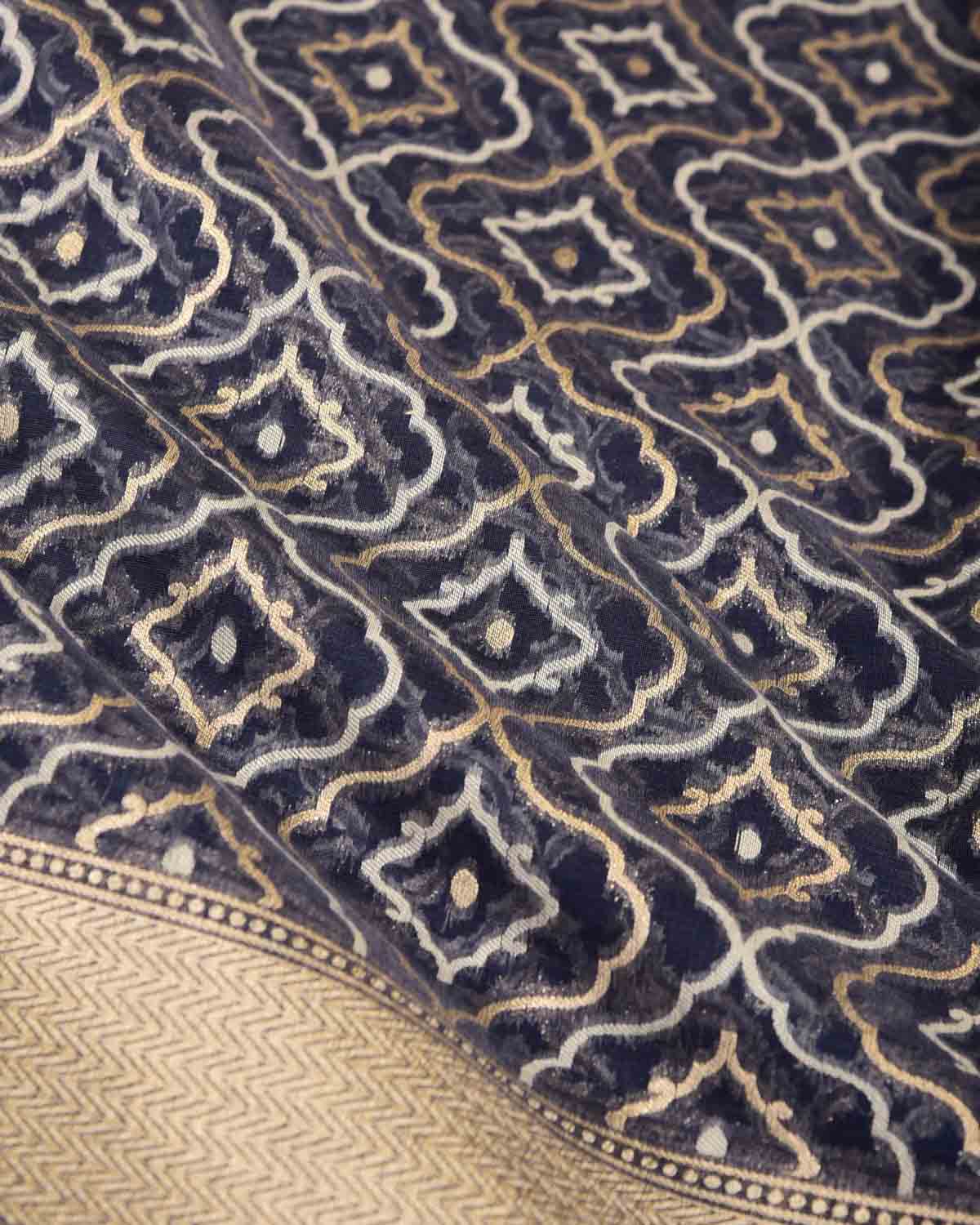 Navy Blue Gold Zari & Resham Jangla Cutwork Brocade Woven Cotton Silk Banarasi Saree-HolyWeaves