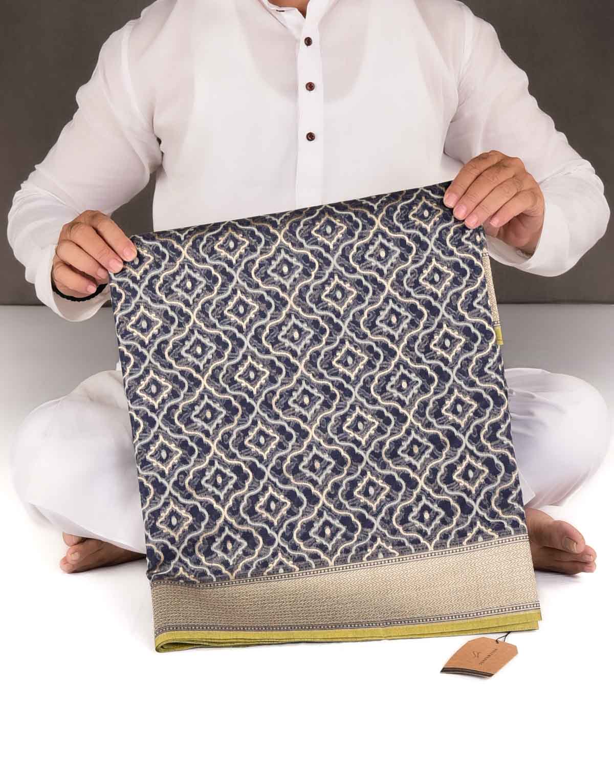 Navy Blue Gold Zari & Resham Jangla Cutwork Brocade Woven Cotton Silk Banarasi Saree