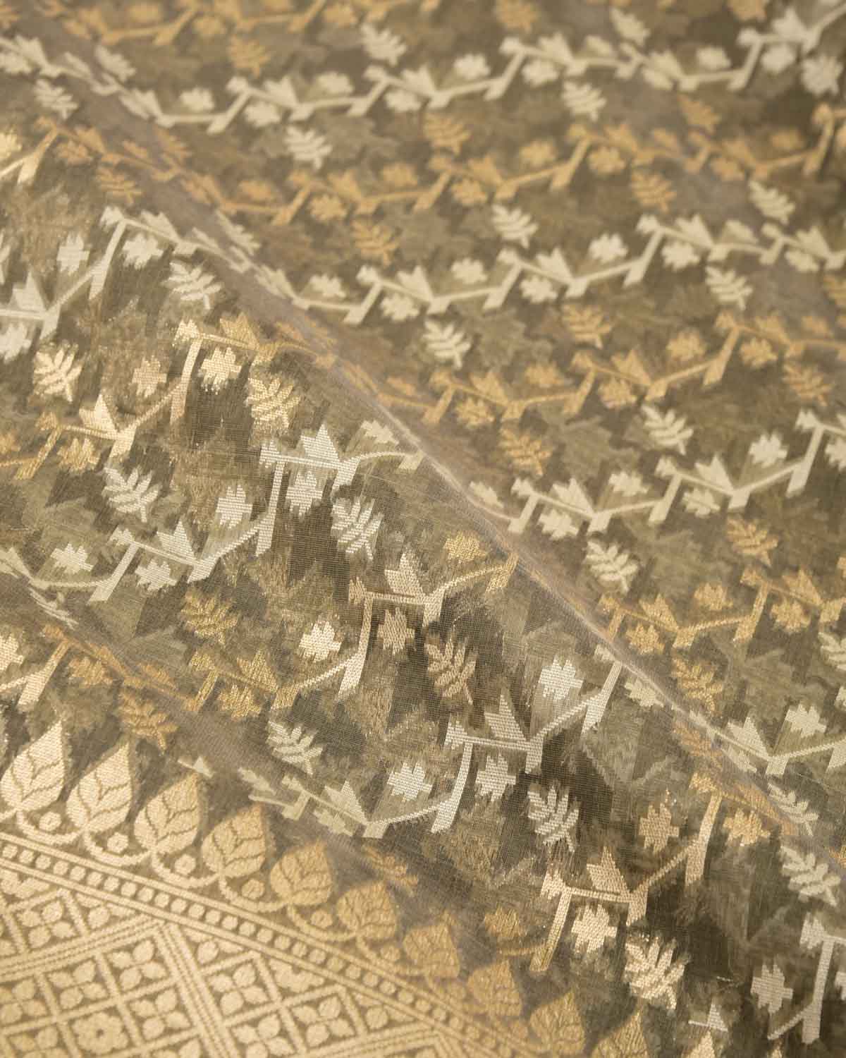 Gray Green Gold Zari & Resham Diagonal Bel Cutwork Brocade Woven Cotton Silk Banarasi Saree-HolyWeaves