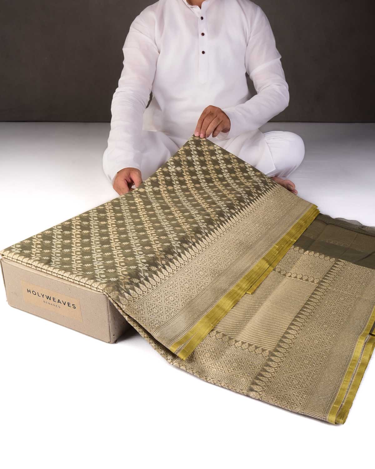 Gray Green Gold Zari & Resham Diagonal Bel Cutwork Brocade Woven Cotton Silk Banarasi Saree