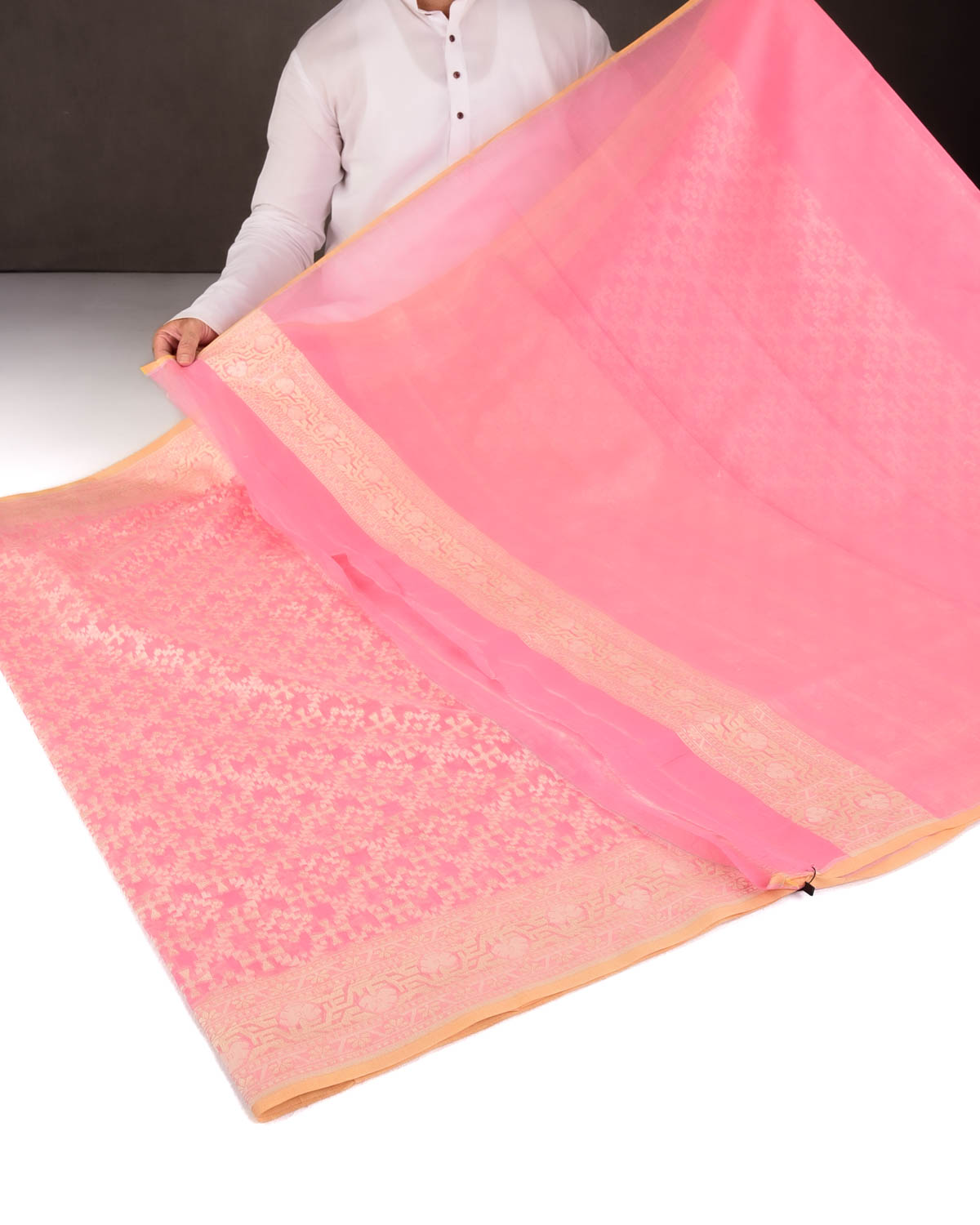 Light Coral Pink Gold Zari & Resham Patola Cutwork Brocade Woven Cotton Silk Banarasi Saree-HolyWeaves
