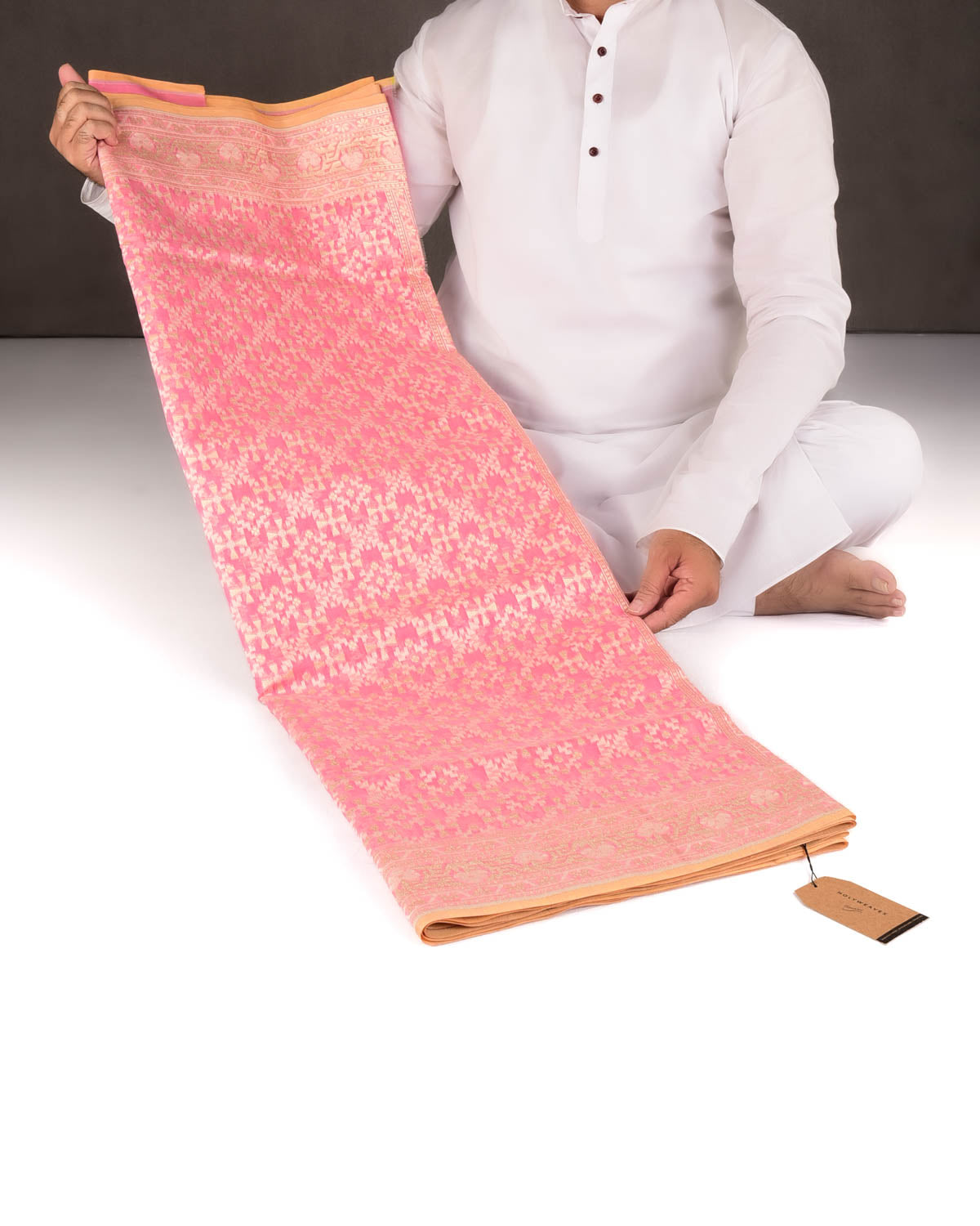 Light Coral Pink Gold Zari & Resham Patola Cutwork Brocade Woven Cotton Silk Banarasi Saree-HolyWeaves