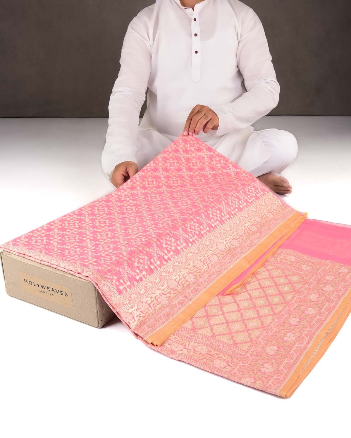 Light Coral Pink Gold Zari & Resham Patola Cutwork Brocade Woven Cotton Silk Banarasi Saree-HolyWeaves