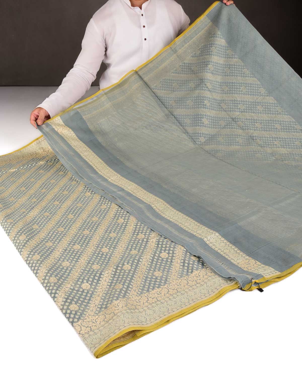 Gray Gold Zari & Resham Aada Jaal Cutwork Brocade Woven Cotton Silk Banarasi Saree-HolyWeaves