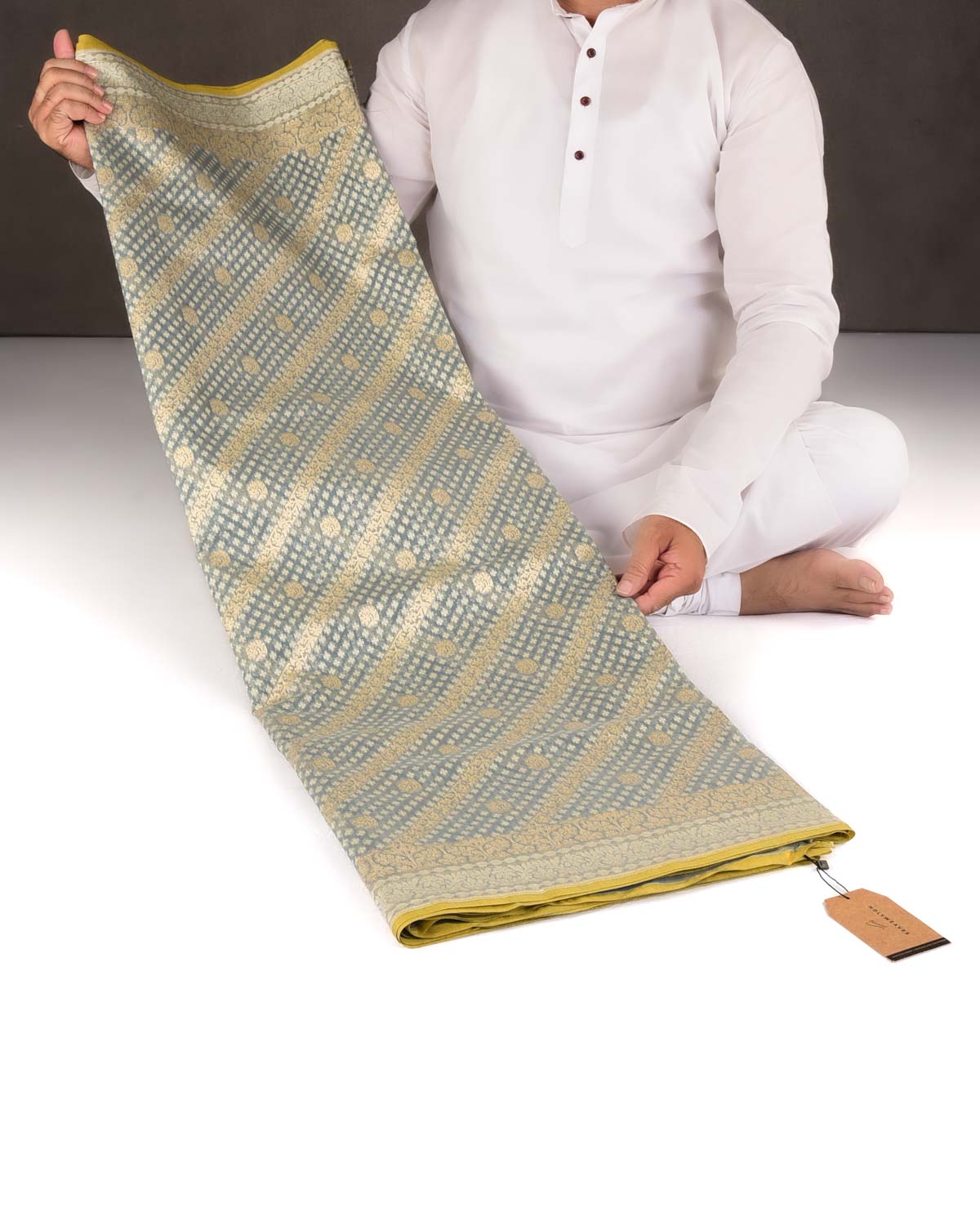 Gray Gold Zari & Resham Aada Jaal Cutwork Brocade Woven Cotton Silk Banarasi Saree-HolyWeaves