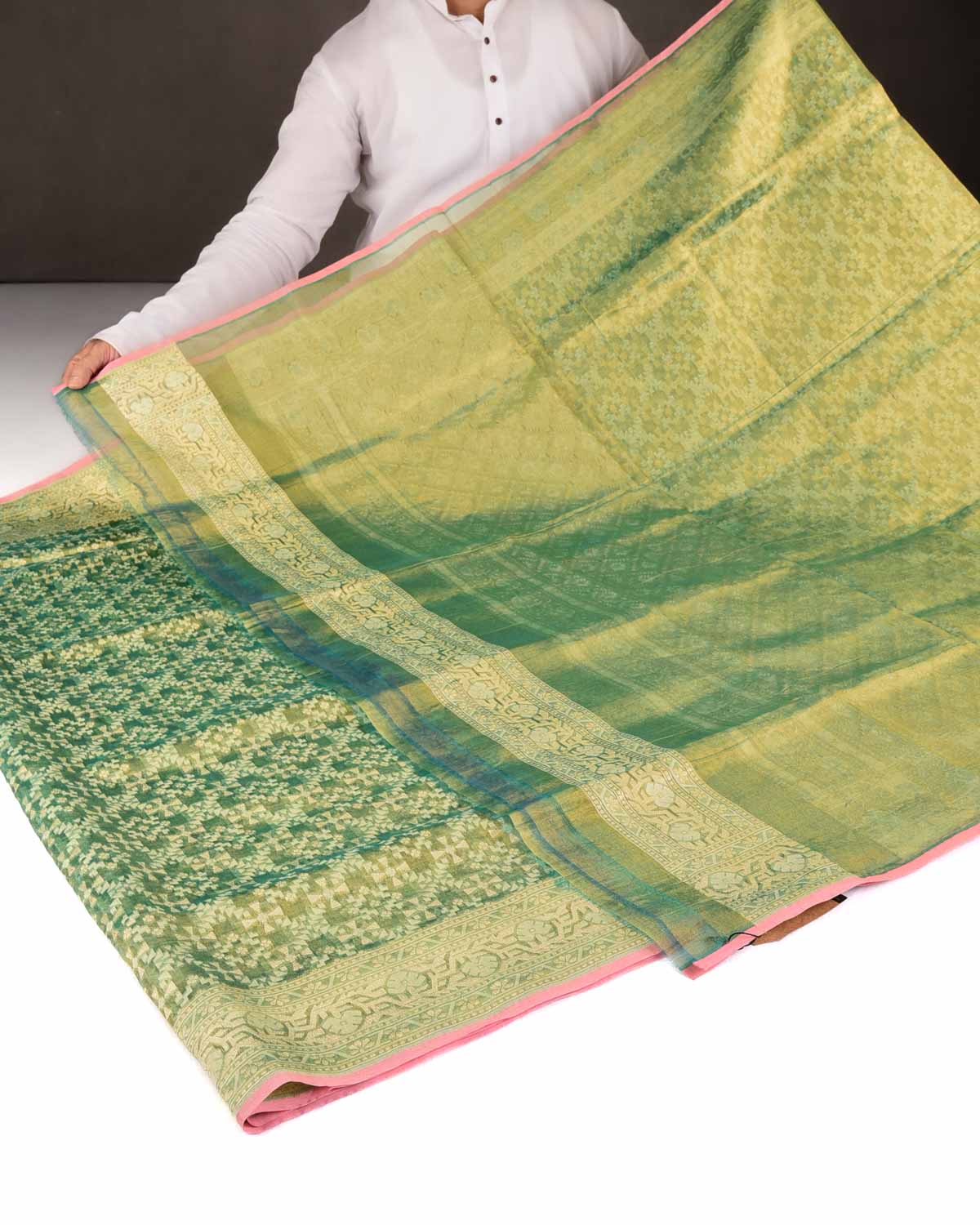 Metallic Green Gold Zari & Resham Patola Cutwork Brocade Woven Kora Tissue Banarasi Saree