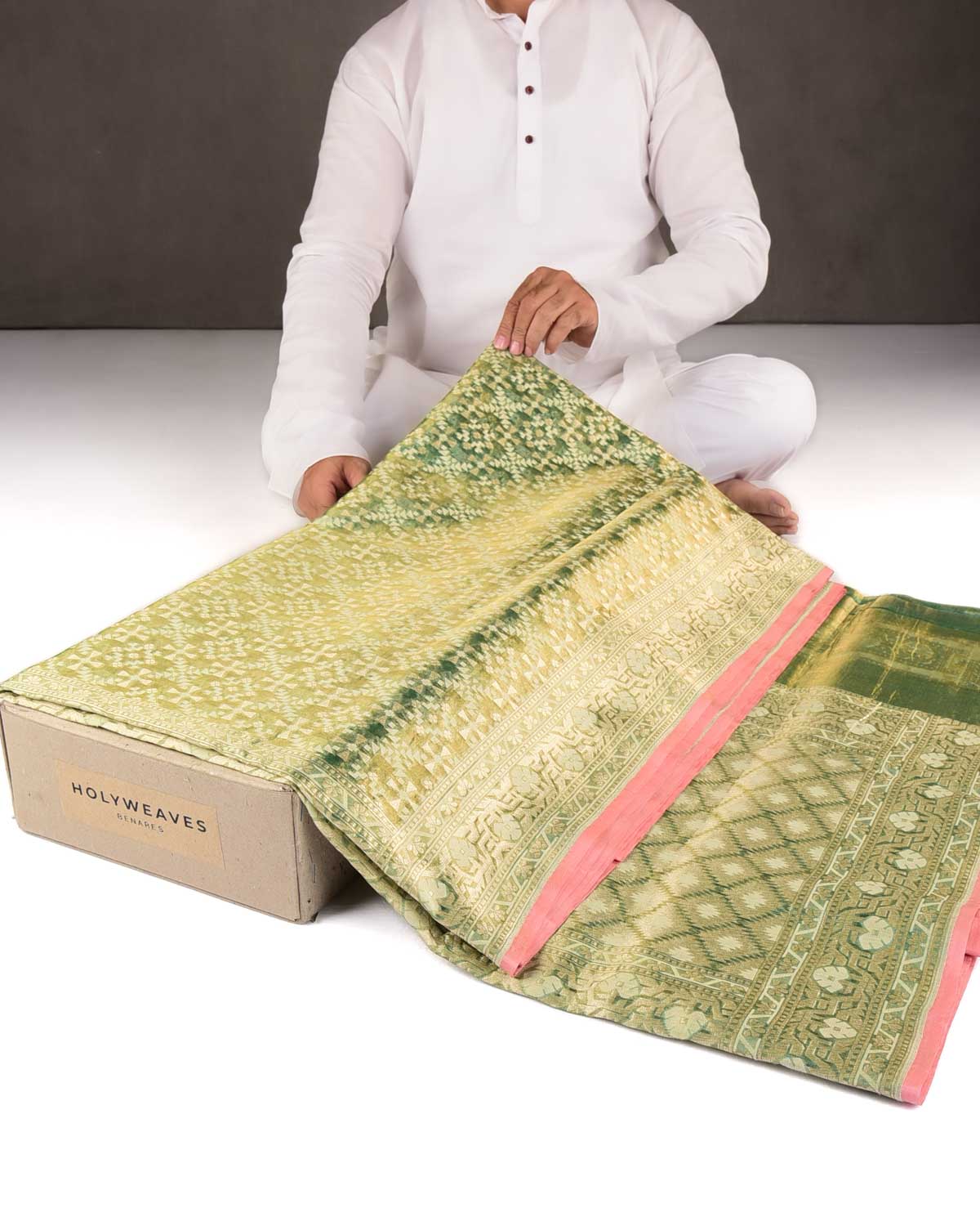 Metallic Green Gold Zari & Resham Patola Cutwork Brocade Woven Kora Tissue Banarasi Saree