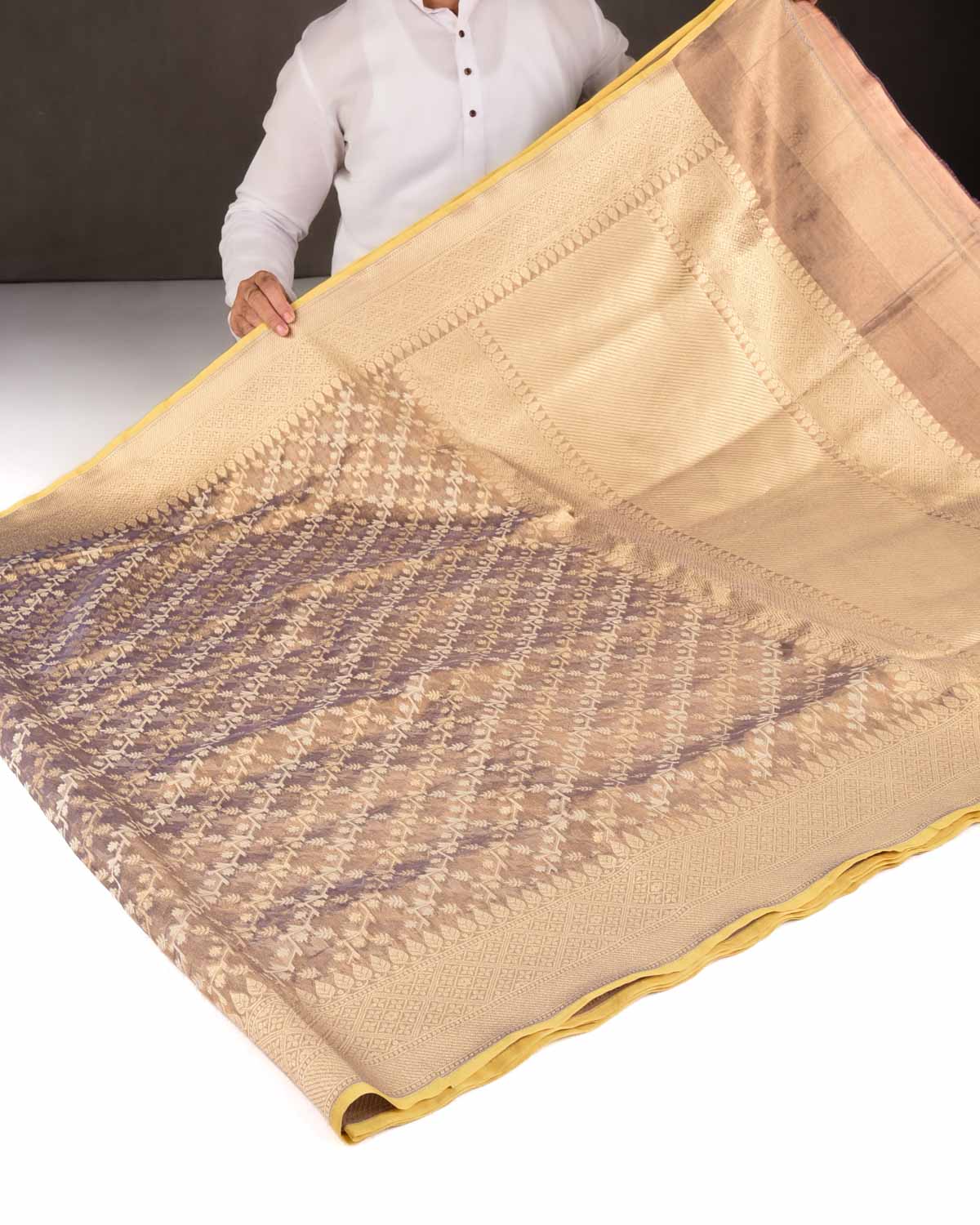 Metallic Mauve Gold Zari & Resham Diagonal Bel Cutwork Brocade Woven Kora Tissue Banarasi Saree
