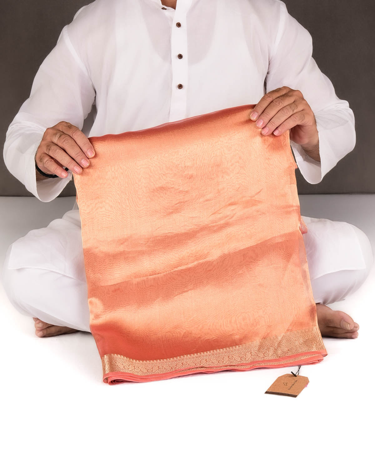 Metallic Peach Brocade Woven Kora Tissue Banarasi Saree with Gold Brocade Border Pallu-HolyWeaves
