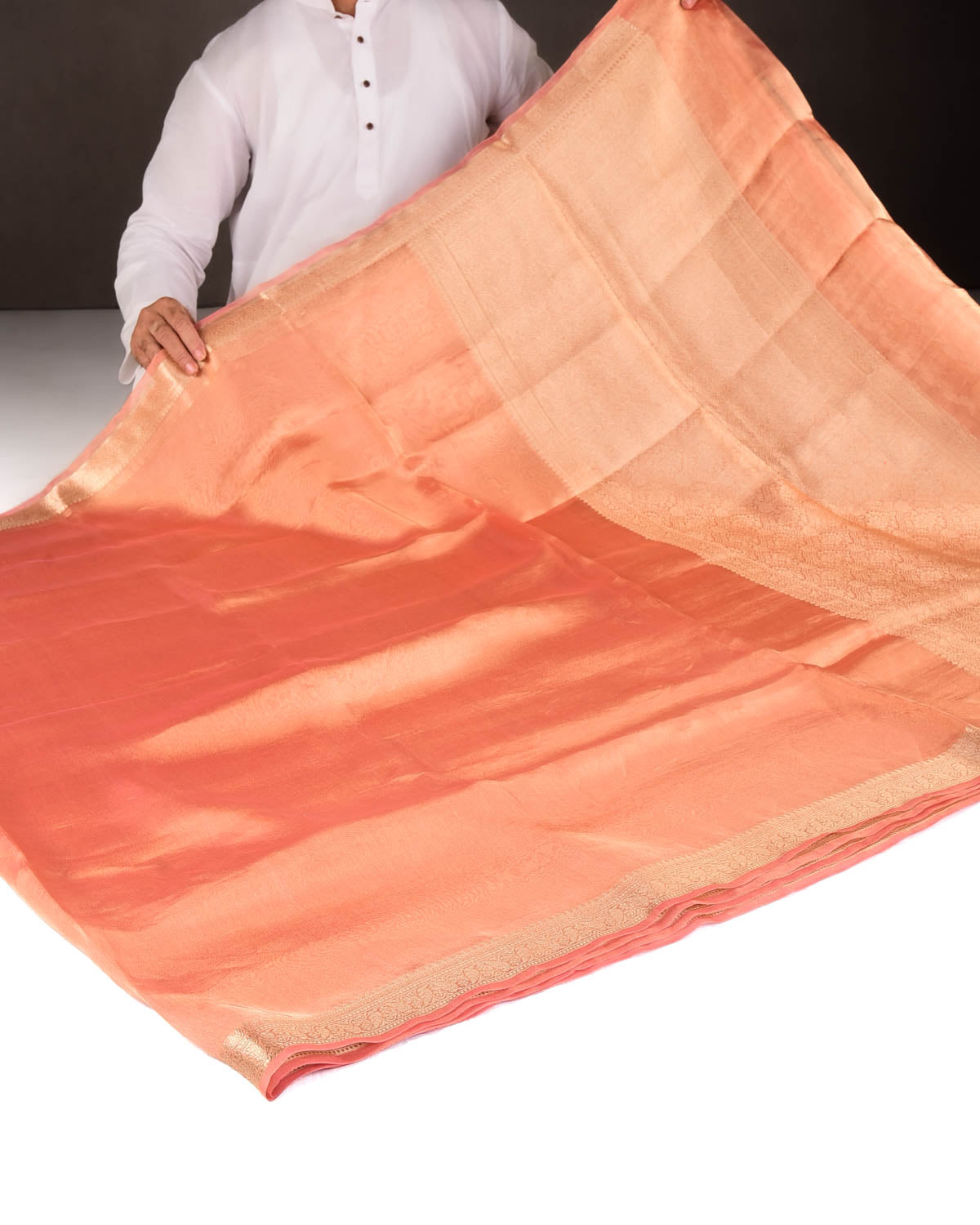 Metallic Peach Brocade Woven Kora Tissue Banarasi Saree with Gold Brocade Border Pallu-HolyWeaves