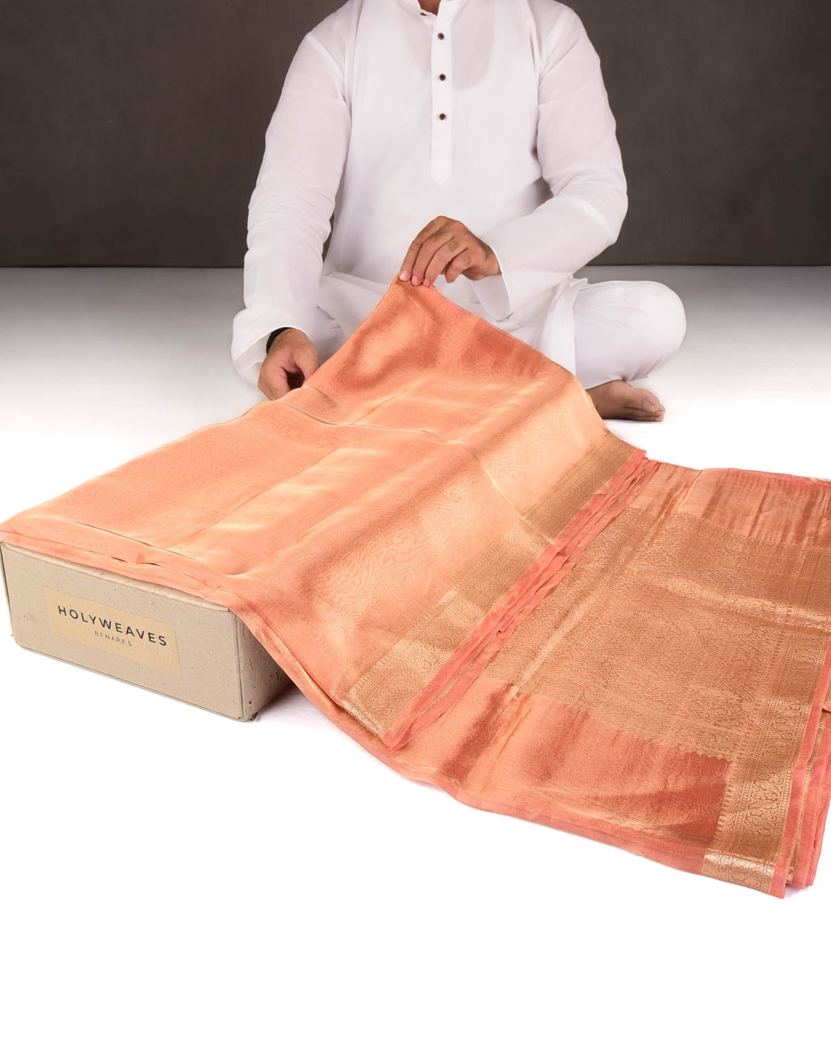 Metallic Peach Brocade Woven Kora Tissue Banarasi Saree with Gold Brocade Border Pallu-HolyWeaves