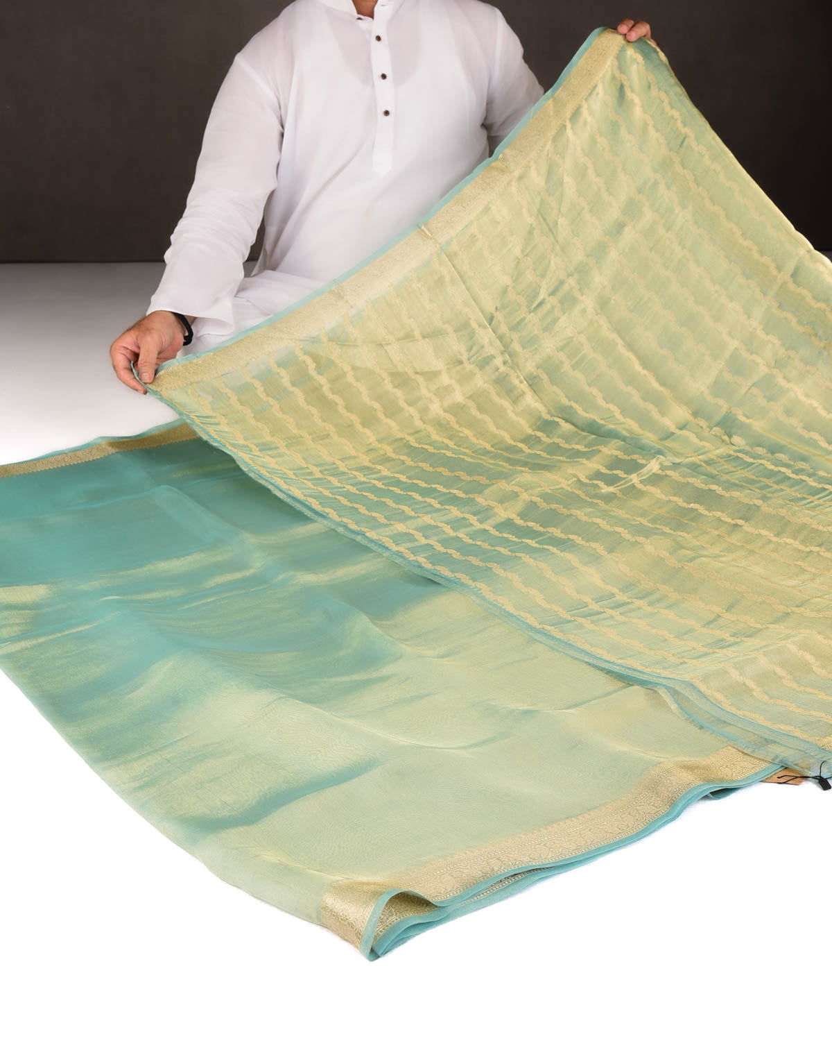 Metallic Aqua Marine Brocade Woven Kora Tissue Banarasi Saree with Gold Brocade Border Pallu-HolyWeaves