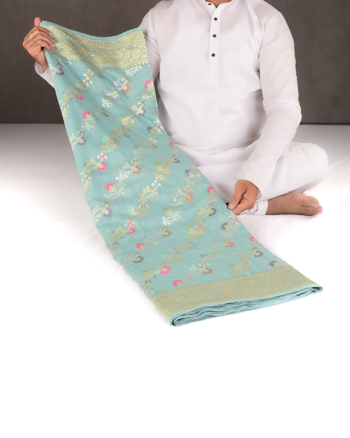 Opal Green Gold & Silver Zari Meenekari Bel Cutwork Brocade Handwoven Muga Silk Banarasi Saree-HolyWeaves