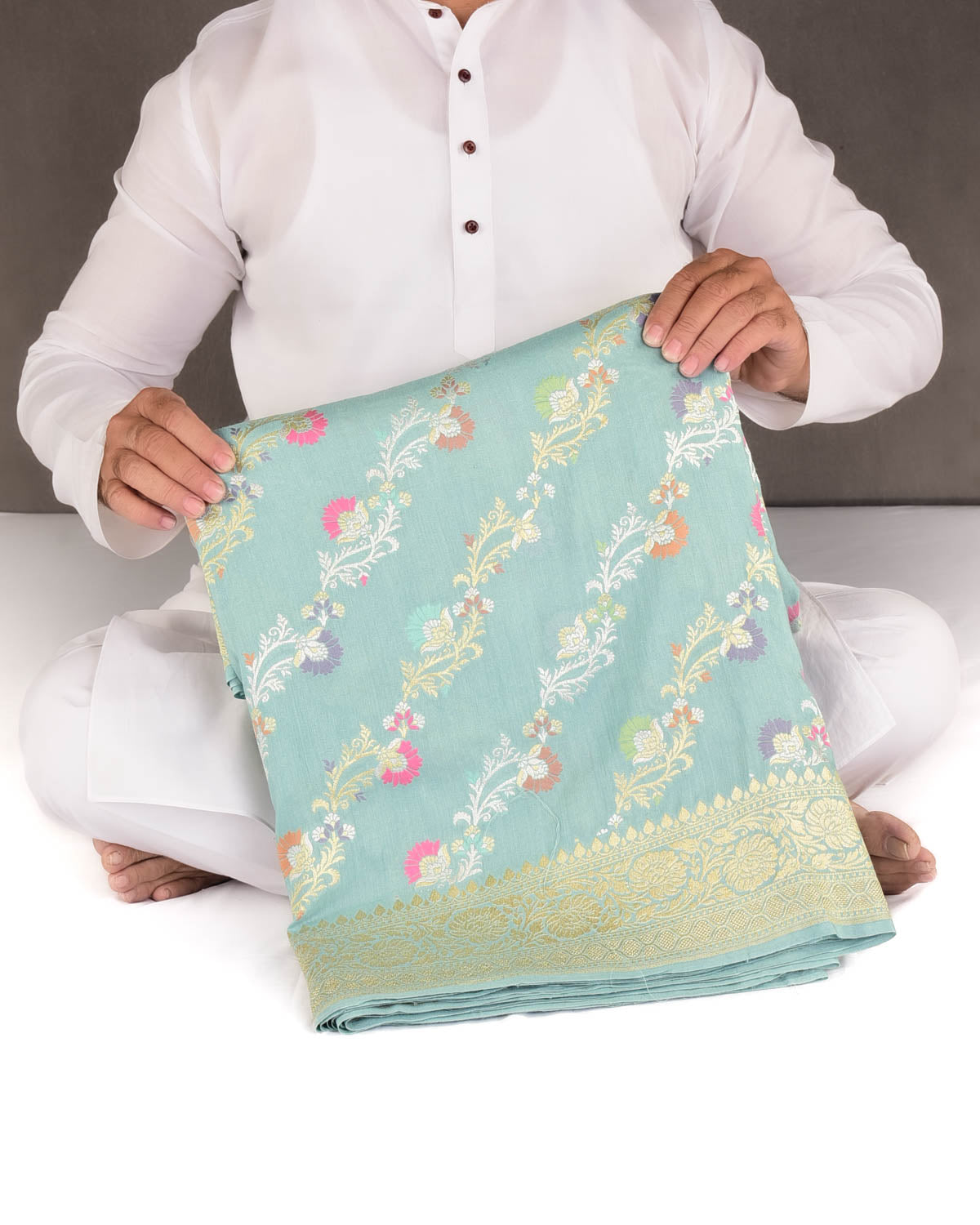 Opal Green Gold & Silver Zari Meenekari Bel Cutwork Brocade Handwoven Muga Silk Banarasi Saree-HolyWeaves