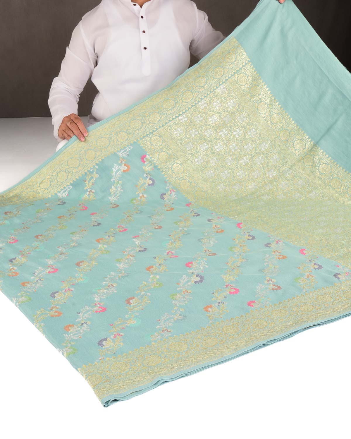 Opal Green Gold & Silver Zari Meenekari Bel Cutwork Brocade Handwoven Muga Silk Banarasi Saree-HolyWeaves