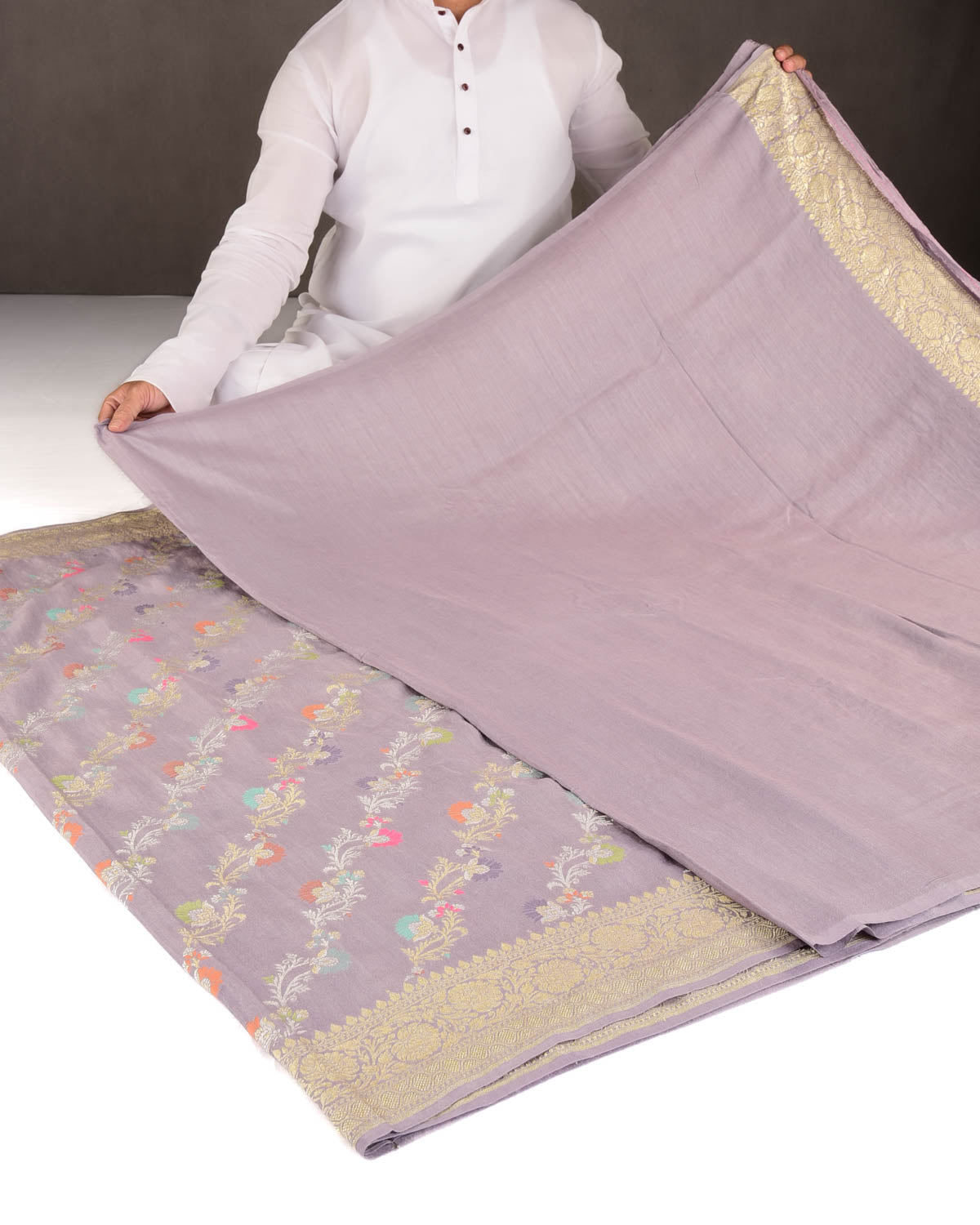 English Lavender Gold & Silver Zari Meenekari Bel Cutwork Brocade Handwoven Muga Silk Banarasi Saree-HolyWeaves