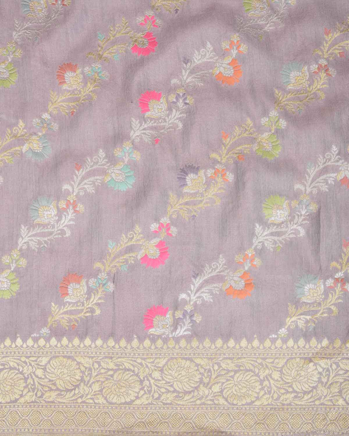 English Lavender Gold & Silver Zari Meenekari Bel Cutwork Brocade Handwoven Muga Silk Banarasi Saree-HolyWeaves