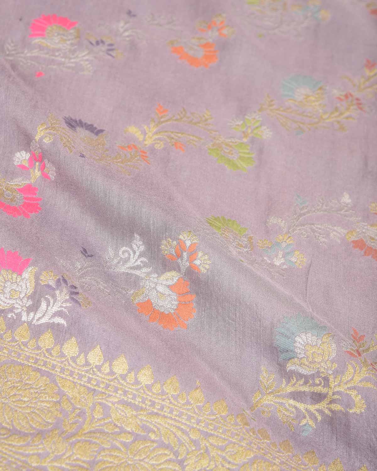 English Lavender Gold & Silver Zari Meenekari Bel Cutwork Brocade Handwoven Muga Silk Banarasi Saree-HolyWeaves