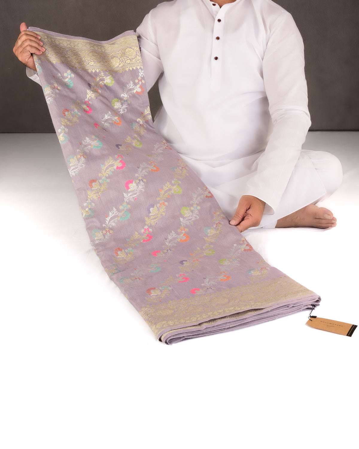 English Lavender Gold & Silver Zari Meenekari Bel Cutwork Brocade Handwoven Muga Silk Banarasi Saree-HolyWeaves