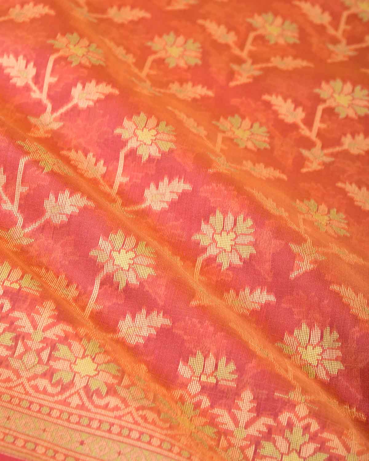 Peach Resham Floral Buta Cutwork Brocade Woven Art Cotton Silk Banarasi Saree-HolyWeaves