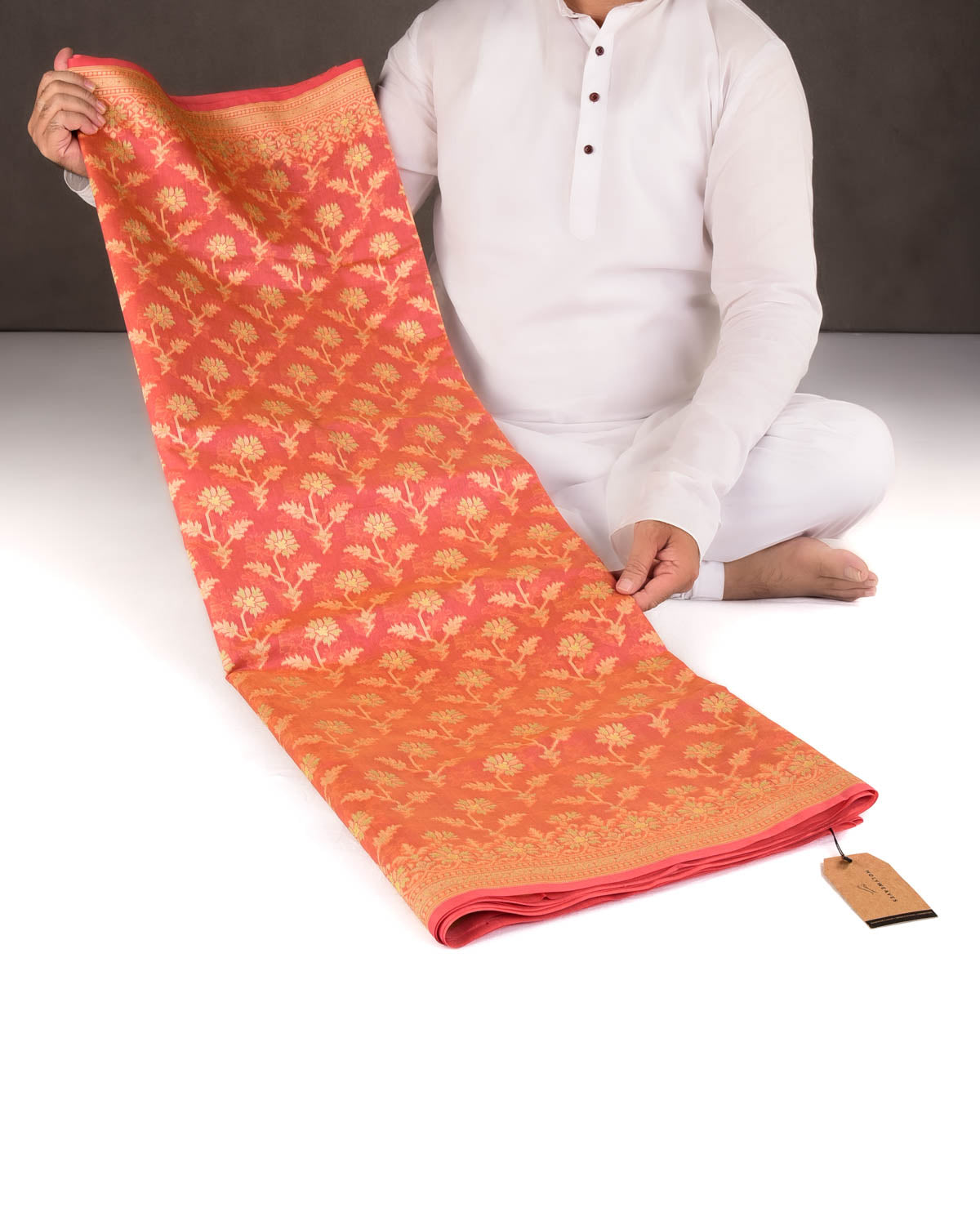 Peach Resham Floral Buta Cutwork Brocade Woven Art Cotton Silk Banarasi Saree-HolyWeaves