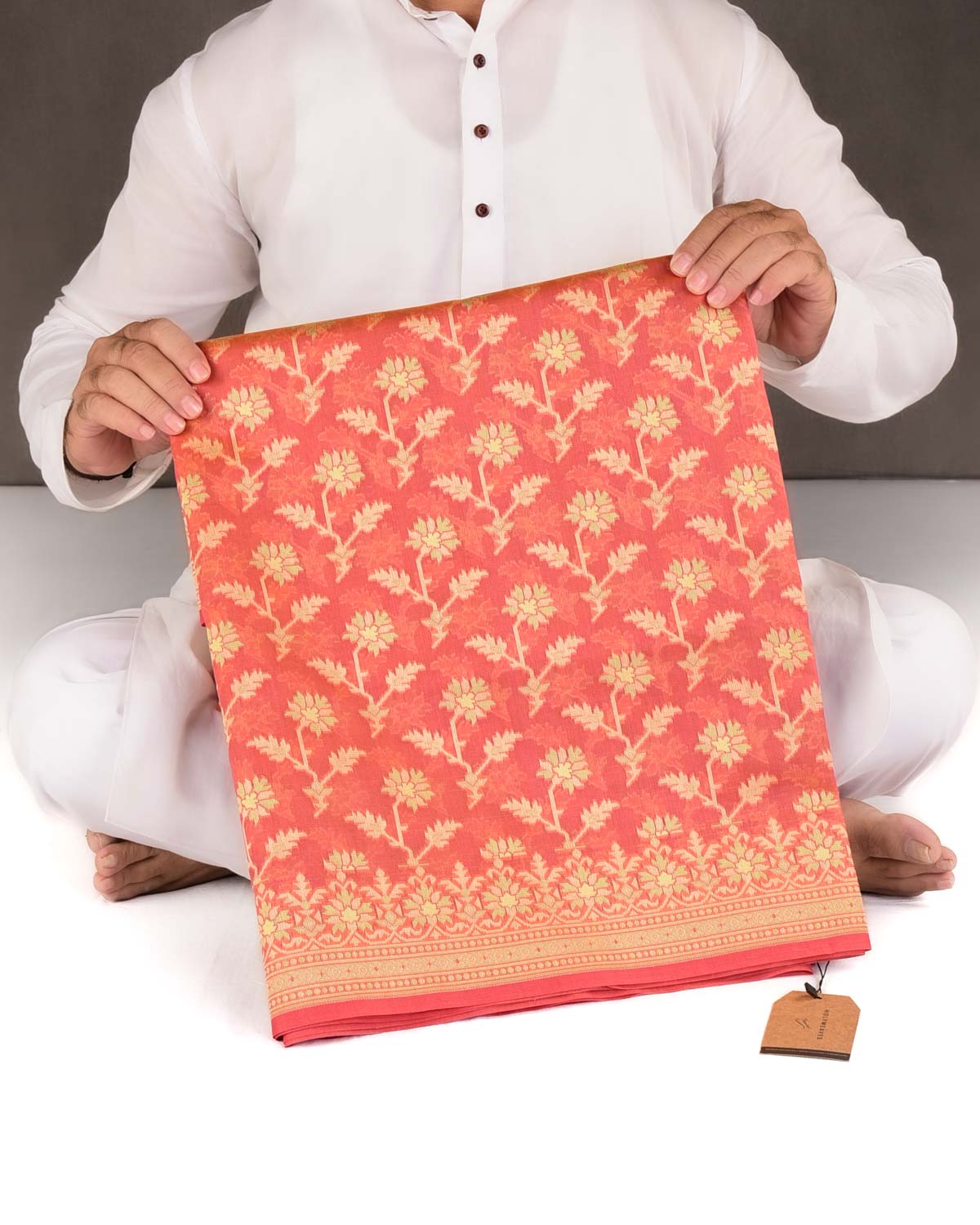 Peach Resham Floral Buta Cutwork Brocade Woven Art Cotton Silk Banarasi Saree-HolyWeaves