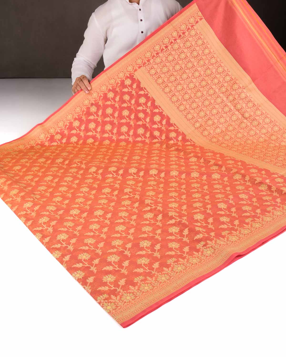 Peach Resham Floral Buta Cutwork Brocade Woven Art Cotton Silk Banarasi Saree-HolyWeaves
