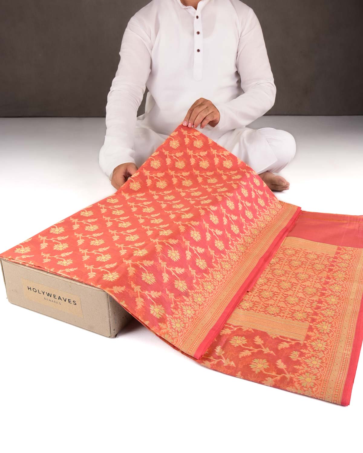 Peach Resham Floral Buta Cutwork Brocade Woven Art Cotton Silk Banarasi Saree-HolyWeaves