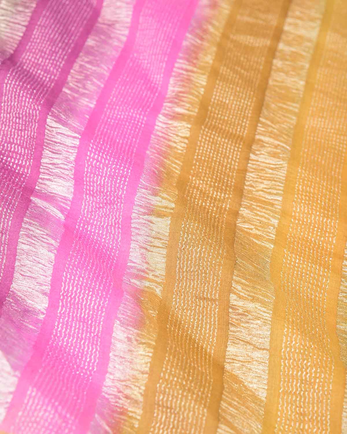 Ombre Multi-color Crushed Zari Stripes Brocade Woven Muga Silk Banarasi Saree-HolyWeaves