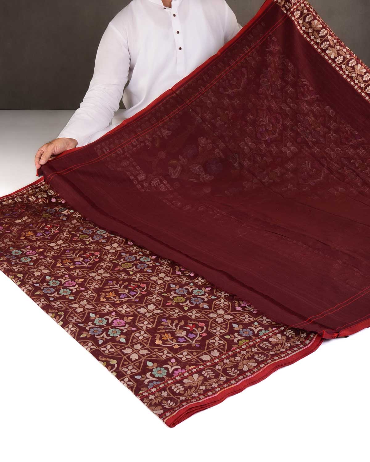 Mahogany Rakhtambari Resham And Zari Jamdani Ektara Cutwork Brocade Handwoven Cotton Banarasi Saree-HolyWeaves