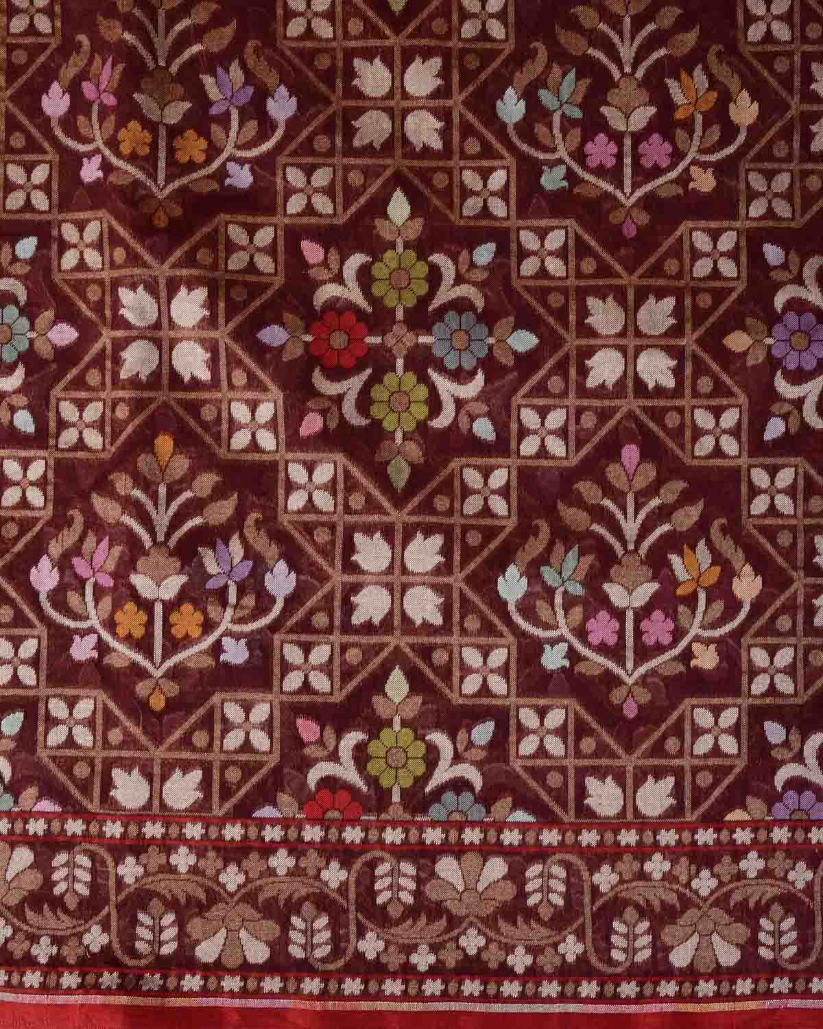 Mahogany Rakhtambari Resham And Zari Jamdani Ektara Cutwork Brocade Handwoven Cotton Banarasi Saree-HolyWeaves