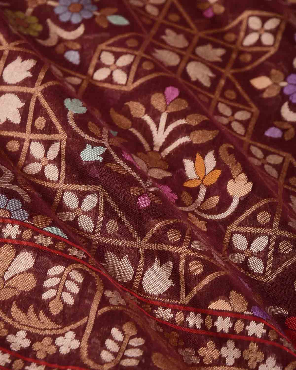 Mahogany Rakhtambari Resham And Zari Jamdani Ektara Cutwork Brocade Handwoven Cotton Banarasi Saree-HolyWeaves