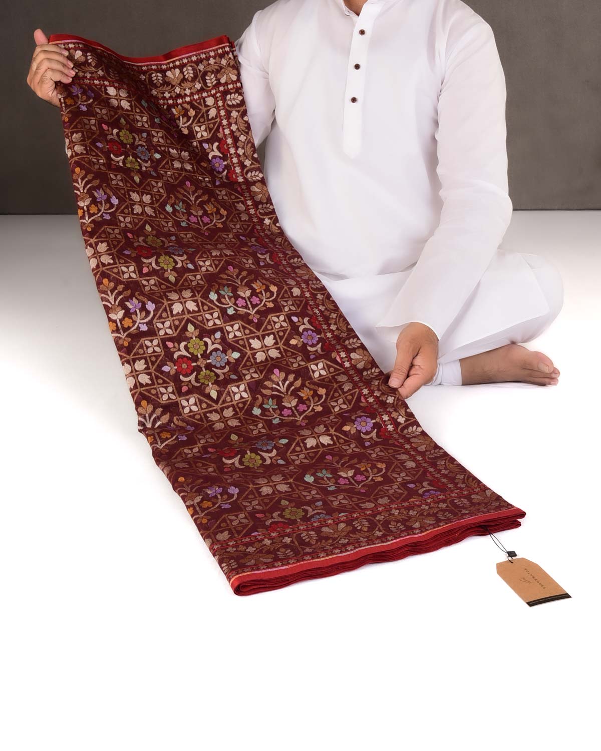 Mahogany Rakhtambari Resham And Zari Jamdani Ektara Cutwork Brocade Handwoven Cotton Banarasi Saree-HolyWeaves