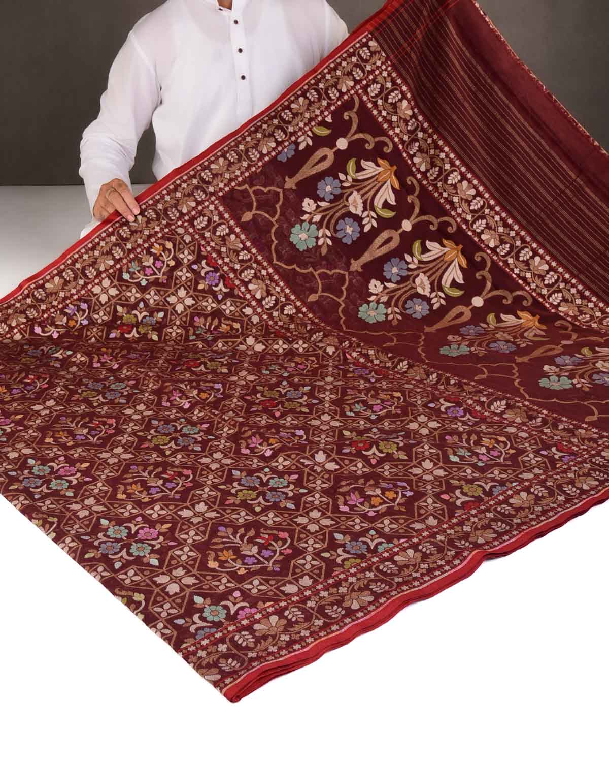 Mahogany Rakhtambari Resham And Zari Jamdani Ektara Cutwork Brocade Handwoven Cotton Banarasi Saree-HolyWeaves