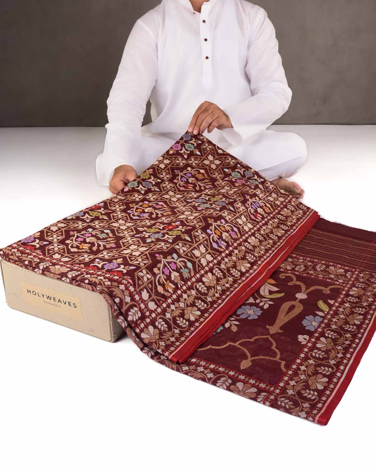Mahogany Rakhtambari Resham And Zari Jamdani Ektara Cutwork Brocade Handwoven Cotton Banarasi Saree-HolyWeaves