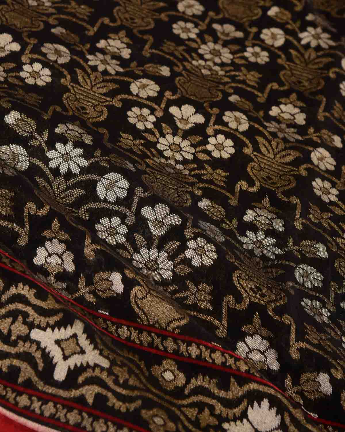 Black Krishnambari Resham And Zari Jamdani Ektara Cutwork Brocade Handwoven Cotton Banarasi Saree-HolyWeaves