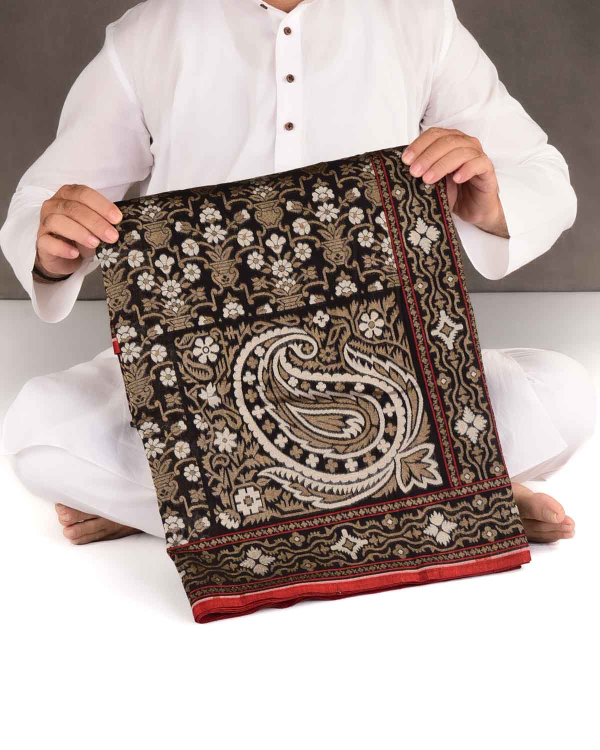 Black Krishnambari Resham And Zari Jamdani Ektara Cutwork Brocade Handwoven Cotton Banarasi Saree-HolyWeaves