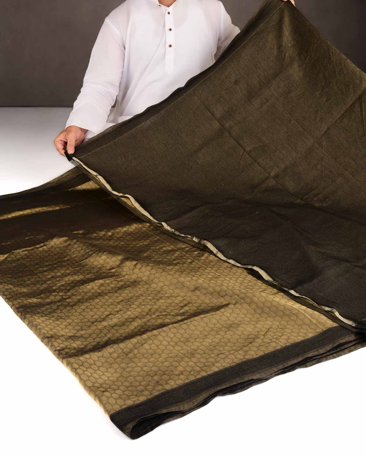Metallic Gold WATERMARK Polka Dots Tanchoi Handwoven Kora Tissue Banarasi Saree-HolyWeaves