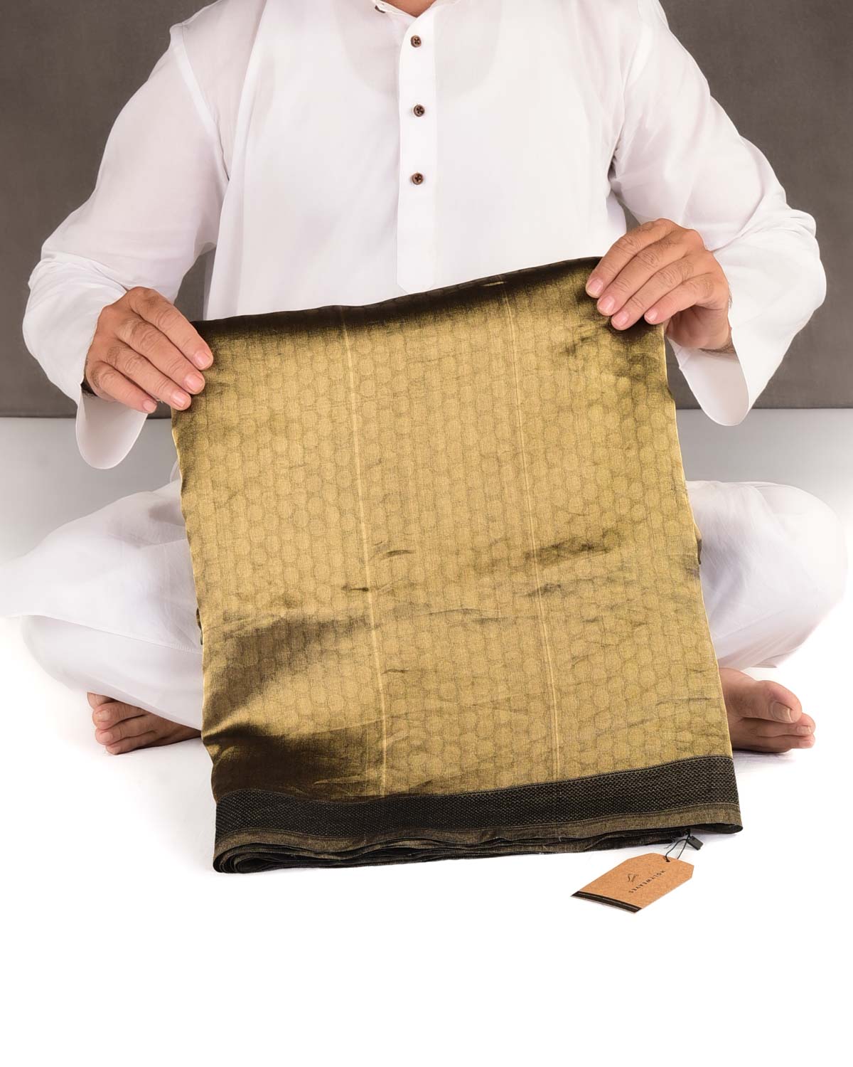 Metallic Gold WATERMARK Polka Dots Tanchoi Handwoven Kora Tissue Banarasi Saree-HolyWeaves