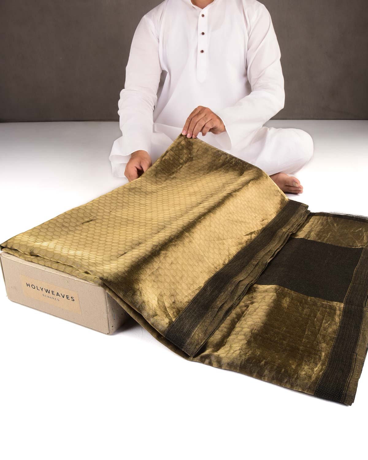 Metallic Gold WATERMARK Polka Dots Tanchoi Handwoven Kora Tissue Banarasi Saree-HolyWeaves