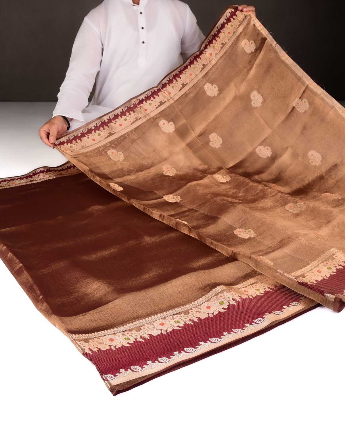 Metallic Maroon Brocade Woven Tissue Banarasi Saree with Floral Border-HolyWeaves