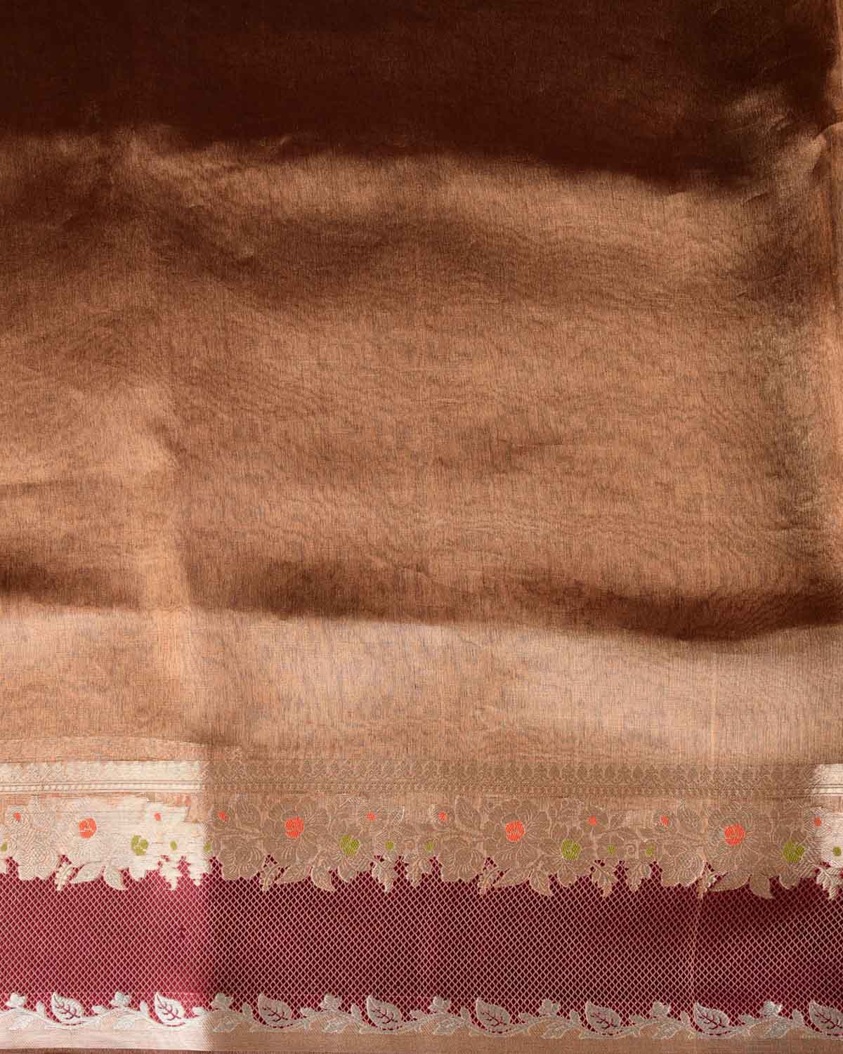 Metallic Maroon Brocade Woven Tissue Banarasi Saree with Floral Border-HolyWeaves