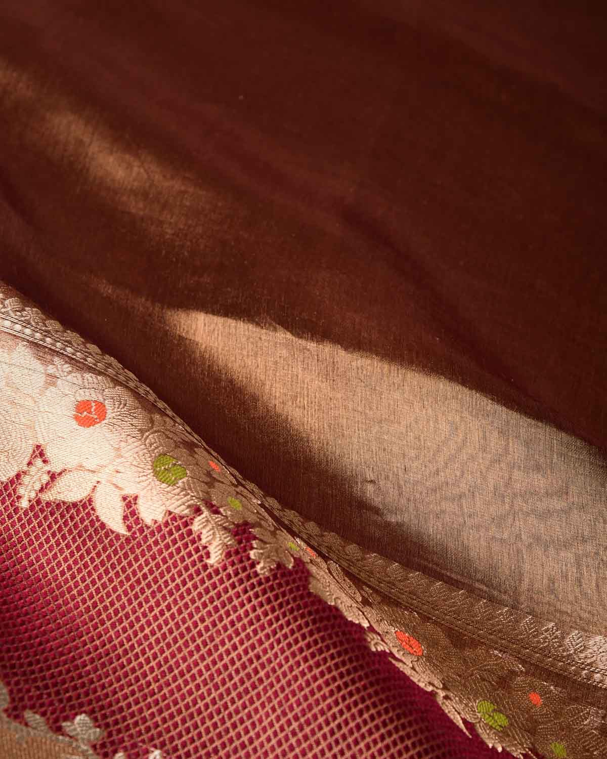 Metallic Maroon Brocade Woven Tissue Banarasi Saree with Floral Border-HolyWeaves
