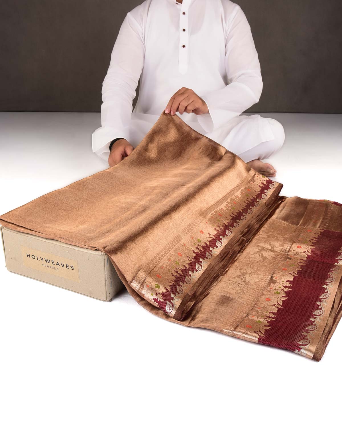 Metallic Maroon Brocade Woven Tissue Banarasi Saree with Floral Border-HolyWeaves