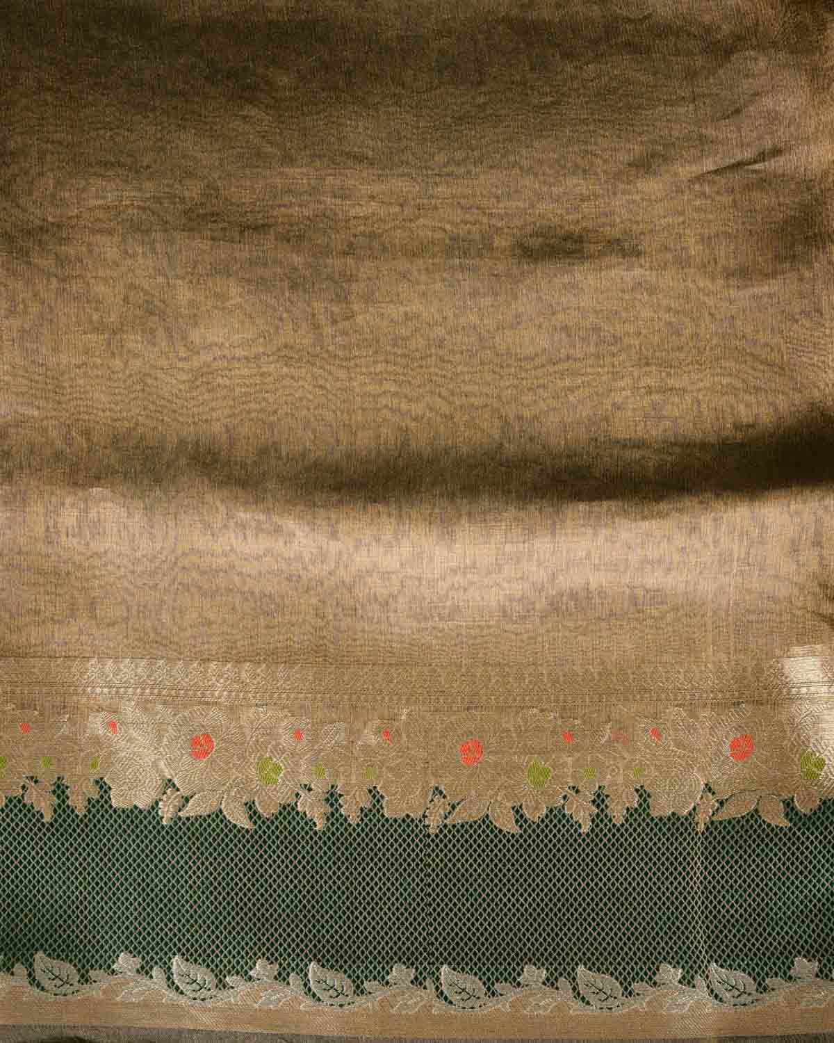Metallic Green Brocade Woven Tissue Banarasi Saree with Floral Border-HolyWeaves